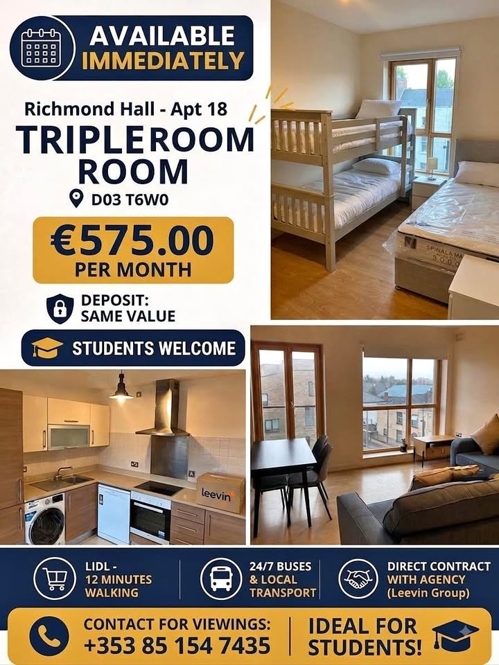 Bed in Triple Room – Richmond Hall D3 (Available Immediately)⁠