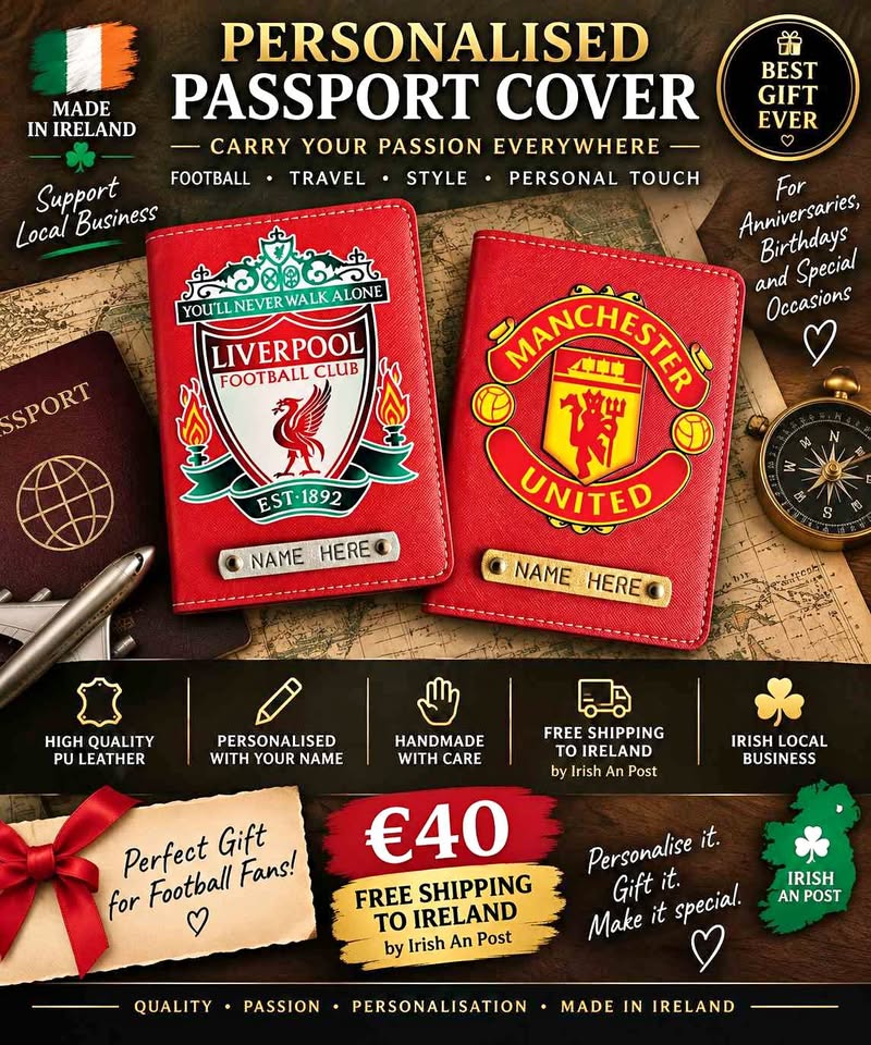 Personalised Passport Cover – Handmade in Ireland Liverpool Arsenal Manchester United soccer