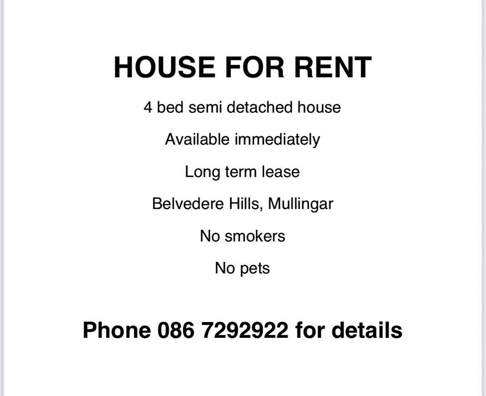 4 bed semi - rent Mullingar. Redecor going on.. Available very soon. 086 729 2922 for details
